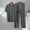 Conjunto de Camiseta de Cuello Redondo de Modal y Pantalones con Bolsillo para Hombre, Conjunto de Dos Piezas Casual Holgado Tallas Grandes para Estar en Casa