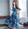 Vestido Longo Floral Feminino de Verão Acima do Joelho Vestido Estampado Feminino Vestido de Manga Curta com Decote V de Comprimento Médio Vestido de Manga Flare Linha A