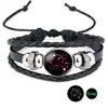 Pulsera de Cuero de Vaca con Cuentas de Piedra de Tiempo de las Doce Constelaciones Luminosas Pulsera Unisex de Cristal Negro