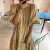 Estilo Novo de Verão 2026 Doce e Preguiçoso Gola Alta Manga Bufante Plissada Vestido Solto Saia Midi