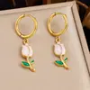 Aretes Colgantes de Tulipán Esmaltados Acero Inoxidable Chapado en Oro Aceite Goteado Estilo Pastoral Flores Moda Versátil Pendientes Transfronterizos para Mujeres