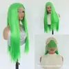 Venda direta do fabricante de perucas peruca de cabelo longo liso verde de fibra sintética de alta temperatura touca de peruca com renda frontal 13*4