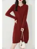Nuevo Vestido de Punto de Lana Pura de Manga Larga con Cuello Redondo para Mujer, Vestido Base de Suéter de Cachemira de Longitud Media que Ceñe la Cintura para Otoño e Invierno