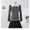 Tricô de Base Manga Longa Color Block Retro Coreano Gola Polo de Contraste Outono e Inverno Novo Slim Look Emagrecedor Top para Mulheres