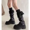 Colección Otoño 2026: Botas Largas Plegables con Pliegues para Mujer, Punta Redonda, Plataforma Gruesa, Tacón de Cuña que Aumenta la Altura y Detalle de Correa de Moda