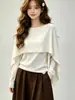 Design elegante e suave, suéter de tricô falso de duas peças para mulheres, novo estilo outono, blusa de seda e lã de manga longa na cor lisa
