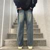Jeans de cintura elástica pernas largas soltas 2024 verão novo retro meninos calças compridas retas com cordão lavado