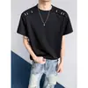 Top de marca de moda con diseño bordado de manga corta, elegante y genial, camiseta de estudiante deconstruida, manga corta para hombre, estilo americano, negro