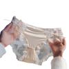Ropa interior de encaje sexy para mujer, de algodón, con entrepierna inferior, malla semitransparente y lazo, pantalones cortos cómodos de cintura media-baja.