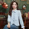 Nova Blusa Curta Feminina Chic Doce Nicho com Design de Gola Boneca Franzida Estilo Francês para Primavera e Outono de 2025