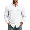 Roupa de trabalho masculina de linho para primavera e outono, com mangas compridas, bolsos duplos, gola de lapela, cardigã abotoado, estilo masculino respirável e casual