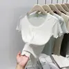Borde Hongo Puro Querer Bm Delgado Manga Corta Cuello en U Puntada de Encaje Base Corta Top Moda Verano Mujer Camiseta