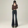 Jeans American Retro com Barra Dobrada para Mulheres, Estilo Hot Girl, Primavera e Outono, Cintura Baixa, Corte Slim, Modelador, Levemente Flare, Calça Comprida