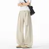 Outono de 2026 Novo Linho Imitação Old Money Calça de Perna Curva Design Americano Preguiçoso Calça Casual Masculina e Feminina Solta de Perna Larga