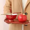 Cuenco Ceremonial de Cumpleaños Pacífico y Alegre, Cuenco Rojo de Cerámica, Palillos y Cuchara Juego de Tres Piezas para el Primer Cumpleaños del Bebé, Cuenco para Fideos Bendición de Alimentos