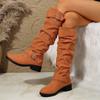 Transfronterizo Nuevo talla grande Otoño e Invierno Plisado Fondo plano Botas vaqueras occidentales Botas con hebilla de cinturón para mujer Tacón grueso Caña larga delgada
