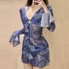 Bikini Sexy de Tres Piezas con Estampado de Moda de Corea del Sur 2023 Blusa de Manga Larga sin Espalda Traje de Baño para Cubrir del Sol para Mujer