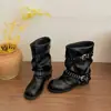 Botas nuevas de estilo caballero, con tacón grueso y punta redonda, para mujeres petite, colección otoño 2026, botas de media pantorrilla con hebilla de cinturón y remaches, estilo coreano