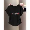 Camiseta de Manga Corta para Mujer, de Algodón Puro, Moderna y Elegante, con Cintura Ajustada y Efecto Adelgazante, con Pequeñas Mangas Volantes, Adecuada como Capa Base para el Verano