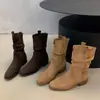 Botines de Moda para Mujer hasta la Pantorrilla para Personas Petitas, Punta Cuadrada, Nuevo Estilo 2025, Tacón Grueso, Estilo Retro, Versátiles, Fruncidos, Otoño e Invierno