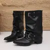 Botas slim de salto grosso bico fino empilhadas 2026 primavera/outono novas moda francesa sexy deslumbrantes botas de cano médio