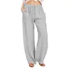 Amazon 2023 Nuevos Pantalones Casuales para Mujer de Talla Grande Europeos y Americanos Color Sólido Algodón Lino Holgados Cintura Alta Pantalones de Pierna Ancha con Cordones