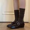 Versión de Piel de Oveja de Mocasines para Mujer Modelo Nuevo 2026 para el Viaje Diario, Zapatos de Piel Marrones de Punta Redonda con Hebilla Metálica y Tacones Gruesos