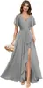 Vestido de dama de honor de gasa con escote en V y manga acampanada, estilo europeo y americano, con cintura plisada y abertura, vestido largo formal para fiesta de boda