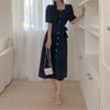 Vestido Quadrado com Gola Quadrada, de Botão Único, com Laço e Mangas Bufantes, Estilo Francês, Feminino, de Dongdaemun, Coreia