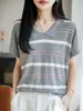 Tricô Feminino Listrado Color-blocking Gola Lapela Macio Respirável Emagrecedor Para o Trabalho Temperamento Primavera Verão Camada Base Top