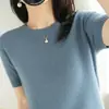 Camiseta holgada para mujer en primavera y otoño, no de cachemira, de manga corta, top corto, capa interior, suéter de punto redondo