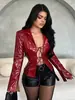 Comercio Exterior Transfronterizo Europeo y Americano 2024 Nueva Sexy Ajustada Cuello en V Manga con Cordones Abertura Chaqueta de Cuero Roja Manga Larga Mujer