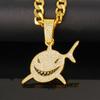 Colar de Corrente Cubana de Liga Metálica com Pingente de Tubarão Sorridente Totalmente Cravejado de Diamantes Hip-Hop Estilo Europeu e Americano Exagerado