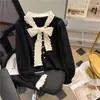 Tejido de Punto con Cuello de Lazo de Encaje Azul Tejido de Punto para Mujer Primavera y Otoño 2025 Nuevo Dulce Suave Ceroso Manga Larga Top Moderno