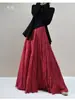 Estilo novo de outono, plus size, cintura alta, modelagem que afina, saia midi plissada em A com textura de algodão e linho, perfeita para uma estética Mori girl