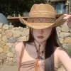 Sombrero de vaquero western de paja estilo étnico para mujer, sombrero de paja de ala ancha para viajes de verano en Xinjiang, sombrero jazz con protección solar