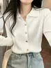 Tecido de fio fiado no núcleo, gola de polo, suéter de malha canelada abotoado, blusa de manga longa para usar em camadas no outono e inverno, cardigã feminino