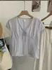 Camisa Feminina Omalai de Renda com Decote V e Manga Curta, Design de Verão Slim Fit, Top Liso, Tendência 6844