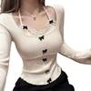 Camiseta de punto de manga larga con cuello halter de encaje de dos piezas falsas para mujer 2025 Otoño Dulce Sexy Top Corto con Lazo y Almohadillas en el Pecho