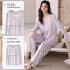 Pijama de algodón puro para mujer, de manga larga y pierna larga, con copas incorporadas en el pecho, adecuado para usar como ropa exterior, conjunto casual de dos piezas, ropa de estar talla grande