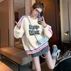 Forrado com fleece Engrossado Linha soprada Solto Gola redonda Moletom Feminino Chique Estilo Hong Kong Estilo Estrangeiro Grafite Comprimento médio Versátil Top