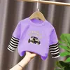 G2226# camiseta de algodão para meninos solta nova cuhk infantil outono falso duas peças casaco infantil primavera e outono estilo ocidental moda