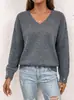 Suéter de malha cinza com decote V transfronteiriço europeu e americano para mulheres, outono, manga longa, pulôver solto slim fit, top versátil