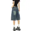 Shorts Jeans Reto Estilo Retrô Americano para Mulheres, Novo Verão 2025 Cintura Baixa Solto de Perna Larga Curto para Baixinhas Comprimento Médio