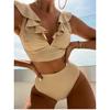 Roupa de Banho Europeia e Americana Multicor com Babados Decote em V Biquíni Sexy Cor Sólida Cintura Alta Maiô com Fenda Férias na Praia Feminino