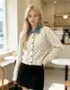Novo suéter de malha com gola polo, estilo francês, poá, duas peças falsas, patchwork de jeans, casaco feminino macio e jovial para o outono