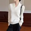 Suéter de tricô 100% lã estilo francês com decote V para mulheres, design moderno com gola de lapela, camada base quente para outono e inverno