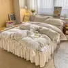 2026 Novo Modelo Saia de Cama Acolchoada de Algodão Imitado de Alta Qualidade Conjunto de Quatro Peças, Algodão Lavado Estilo Coreano Estilo Princesa Saia de Cama com Renda Capa de Edredom Transmissão ao Vivo