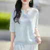 Camiseta de manga corta con cuello en V para ir al trabajo para mujer 2026 Nuevo Verano Delgado Tejido de Seda de Hielo Top de Lino Tencel de Manga Media