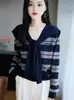 Suéter de Punto Rayado Color-Block Estilo Francés para Mujer, Suéter de Manga Larga Holgado de Moda para Vestir por Capas, Elegante Camisa Base que Reduce la Edad